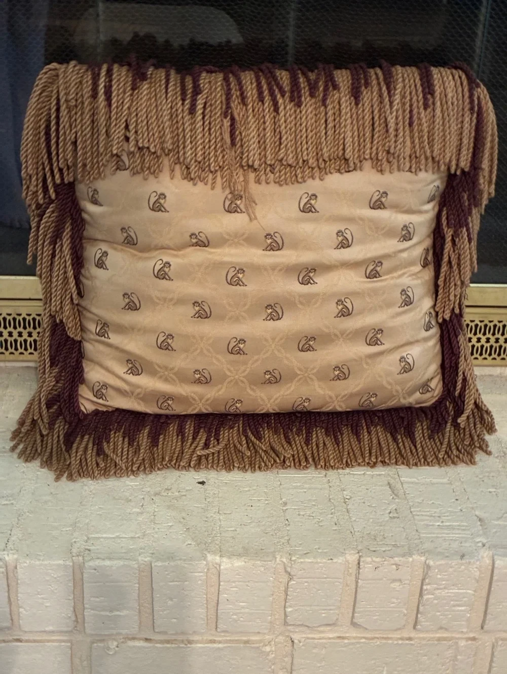 Vintage monkey pattern fringed pillow
